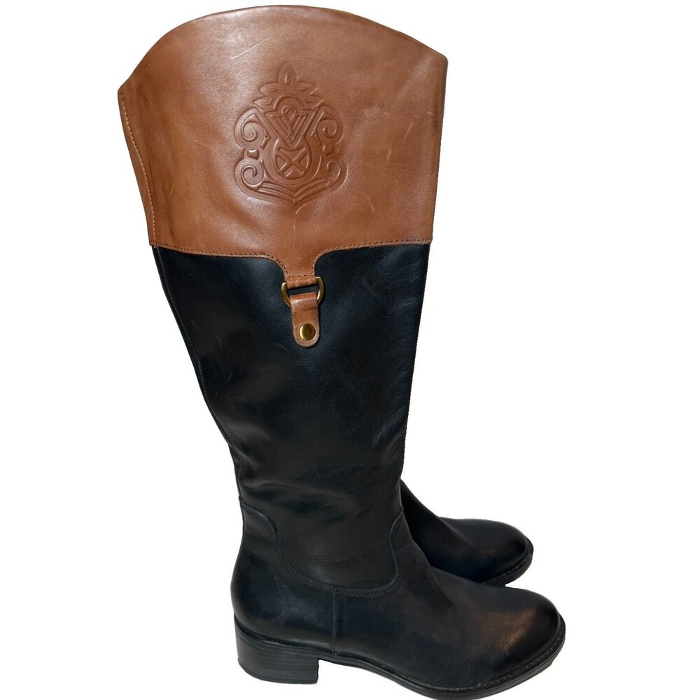 Franco Sarto L-Clarity Riding Boots Womens 9M Black Brown Leather Knee High